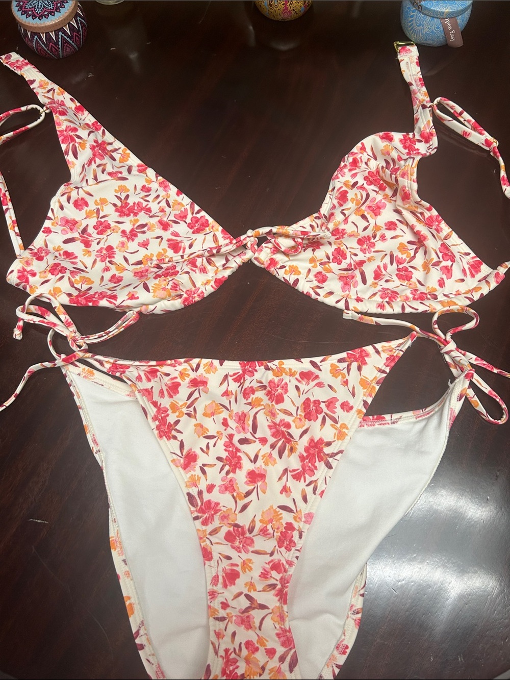 Shade & Shore Pink and Orange Floral Tie-String Bikini